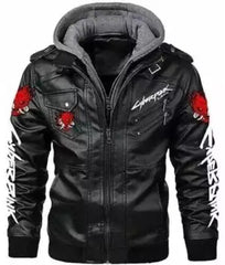 Cyberpunk Samurai 2077 Gamer Black Hooded Leather Motorcycle Biker Trendy Jacket