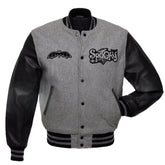 New Halloween Streetwear Gray Wool & Leather Embroidery Varsity Jacket