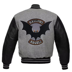 New Halloween Streetwear Gray Wool & Leather Embroidery Varsity Jacket