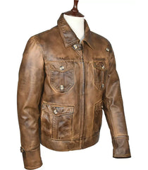 Brown leather jacket on a mannequin against a white background