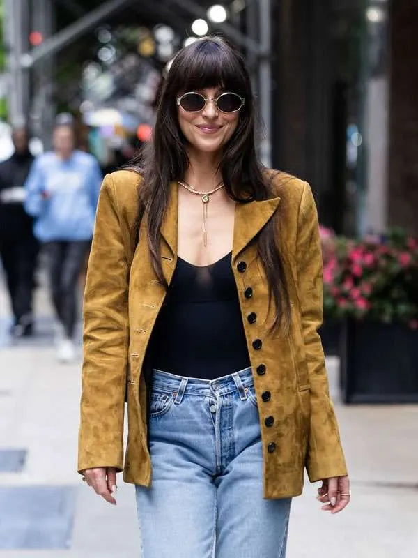 Dakota Johnson Mustard Suede Jacket