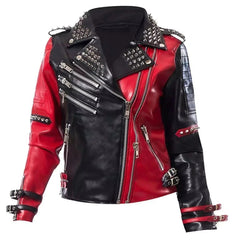 Harley Quinn Heartless Asylum Studded Biker Black & Red Leather Jacket for Women