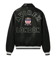 Men's Avirex Icon London Real Leather Bomber Varsity Jacket Black Biker Jacket