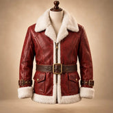 Red Leather Santa Claus Coat, Men's Leather Santa Jacket, Shearling Christmas Coat, Handmade Holiday Costume, Santa Cosplay Gift