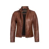 Acerra Women's Real Cognac Brown Leather Cafe Racer Jacket