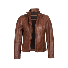 Acerra Women's Real Cognac Brown Leather Cafe Racer Jacket
