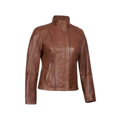Acerra Women's Real Cognac Brown Leather Cafe Racer Jacket