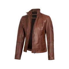 Acerra Women's Real Cognac Brown Leather Cafe Racer Jacket