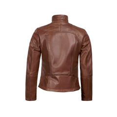 Acerra Women's Real Cognac Brown Leather Cafe Racer Jacket