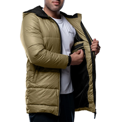Alton Mens Beige 3/4 Length Puffer Insulated Coat With Hood