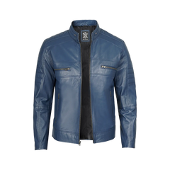 Austin Men Cafe Racer Blue Real Leather Jacket