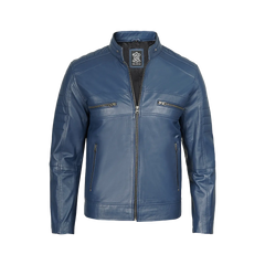 Austin Men Cafe Racer Blue Real Leather Jacket