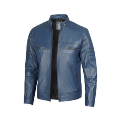 Austin Men Cafe Racer Blue Real Leather Jacket