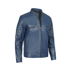 Austin Men Cafe Racer Blue Real Leather Jacket