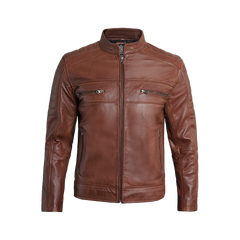 Austin Men Cafe Racer Cognac Brown Leather Jacket