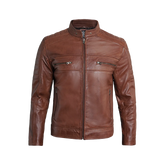 Austin Men Cafe Racer Cognac Brown Leather Jacket