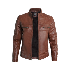 Austin Men Cafe Racer Cognac Brown Leather Jacket