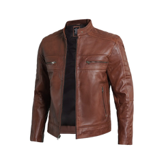 Austin Men Cafe Racer Cognac Brown Leather Jacket