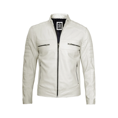 Austin Men Cafe Racer Off White Real Leather Jacket