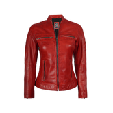Austin Women Red Cafe Racer Leather Jacket