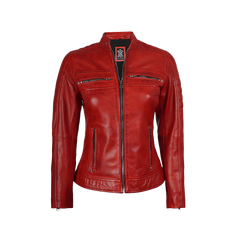 Austin Women Red Cafe Racer Leather Jacket