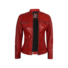 Austin Women Red Cafe Racer Leather Jacket