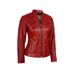 Austin Women Red Cafe Racer Leather Jacket