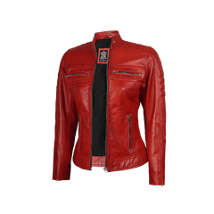 Austin Women Red Cafe Racer Leather Jacket
