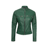 Austin Women's Green Real Leather Cafe Racer Biker Jacket