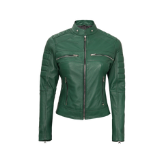Austin Women's Green Real Leather Cafe Racer Biker Jacket