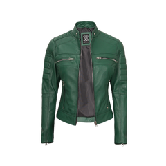 Austin Women's Green Real Leather Cafe Racer Biker Jacket