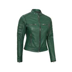 Austin Women's Green Real Leather Cafe Racer Biker Jacket
