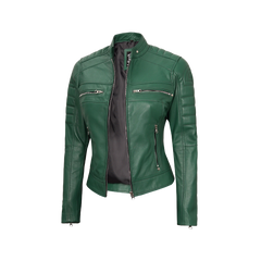 Austin Women's Green Real Leather Cafe Racer Biker Jacket