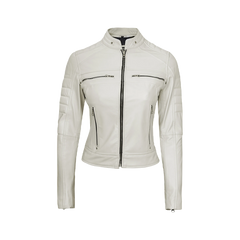 Austin Women's Off White Cafe Racer Biker Real Leather Jacket