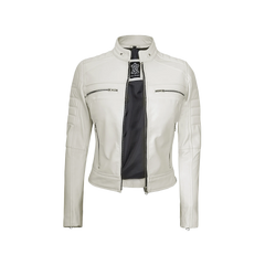 Austin Women's Off White Cafe Racer Biker Real Leather Jacket