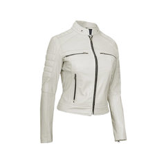 Austin Women's Off White Cafe Racer Biker Real Leather Jacket