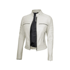 Austin Women's Off White Cafe Racer Biker Real Leather Jacket