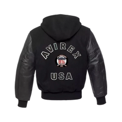 Avirex MILLIONAIRE Varsity Bomber Solid Black Wool Body & Leather Sleeves jacket