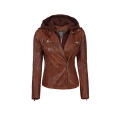 Bagheria Women's Cognac Biker Leather Jacket with Removable Hood