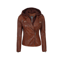 Bagheria Women's Cognac Biker Leather Jacket with Removable Hood