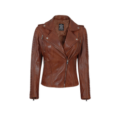 Bagheria Women's Cognac Biker Leather Jacket with Removable Hood