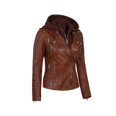 Bagheria Women's Cognac Biker Leather Jacket with Removable Hood