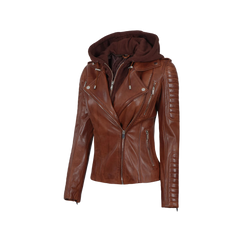Bagheria Women's Cognac Biker Leather Jacket with Removable Hood