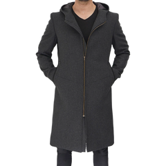 Barry Men's Grey Wool Coat with Hood - Long Winter Outerwear