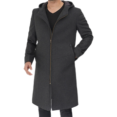 Barry Men's Grey Wool Coat with Hood - Long Winter Outerwear
