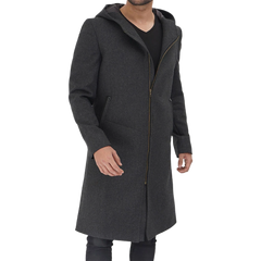Barry Men's Grey Wool Coat with Hood - Long Winter Outerwear
