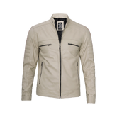 Beige Men Cafe Racer Real Leather Jacket