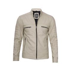 Beige Men Cafe Racer Real Leather Jacket
