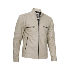 Beige Men Cafe Racer Real Leather Jacket