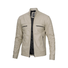 Beige Men Cafe Racer Real Leather Jacket